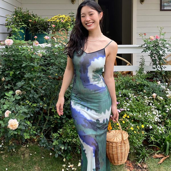 Vintage Tie-Dye Long Slim Sexy Split Dress with French Print - 90s Inspired Fashion