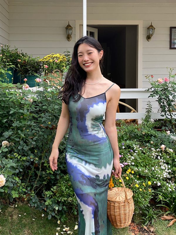 Vintage Tie-Dye Long Slim Sexy Split Dress with French Print - 90s Inspired Fashion