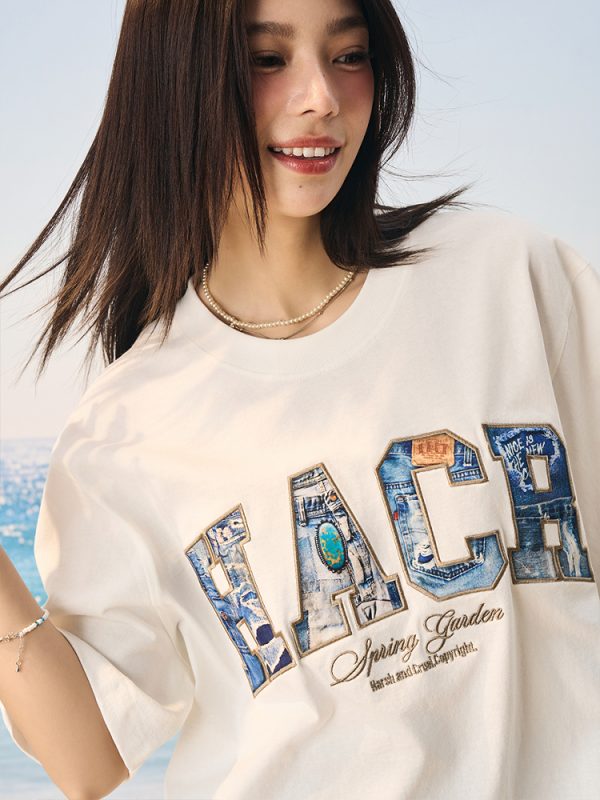 Vintage Turquoise Denim Patch Embroidered Loose Short-Sleeve T-Shirt â€“ 90s Inspired American Style Fashion Top