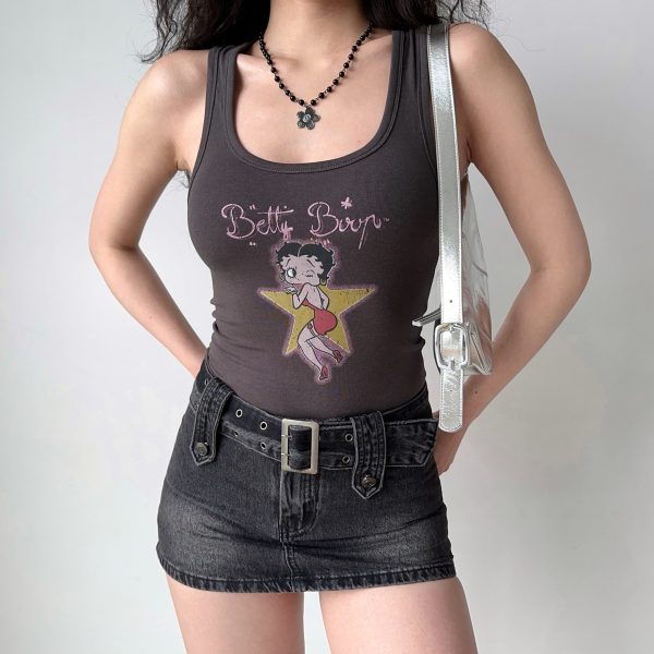 Vintage U-Neck Printed Tank Top for Women - Slim Fit Sleeveless Tee in American Style - Perfect for 90s and Y2K Fashion