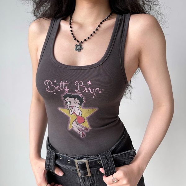 Vintage U-Neck Printed Tank Top for Women - Slim Fit Sleeveless Tee in American Style - Perfect for 90s and Y2K Fashion