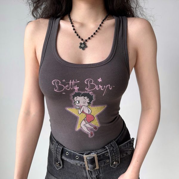 Vintage U-Neck Printed Tank Top for Women - Slim Fit Sleeveless Tee in American Style - Perfect for 90s and Y2K Fashion