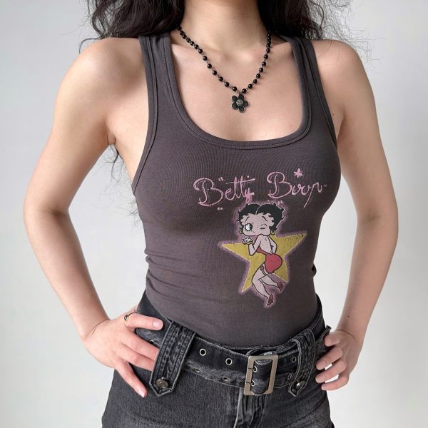 Vintage U-Neck Printed Tank Top for Women - Slim Fit Sleeveless Tee in American Style - Perfect for 90s and Y2K Fashion