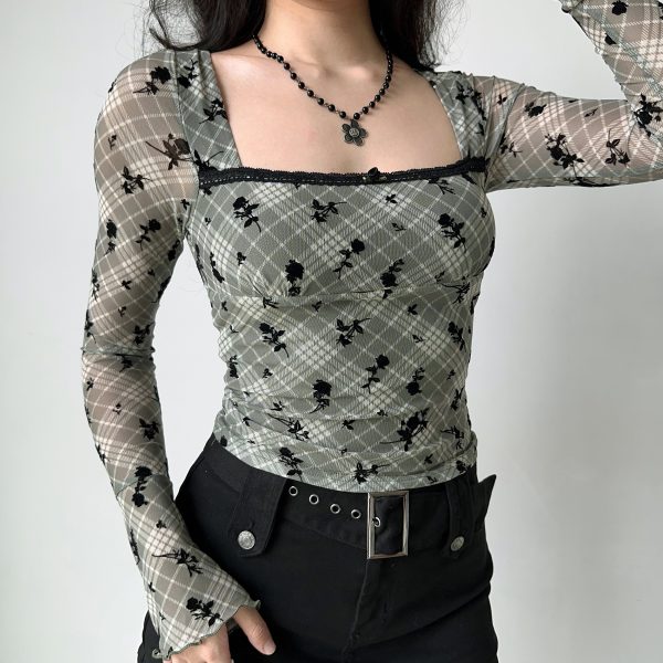 Vintage Velour Plaid Square Neck Long Sleeve T-shirt for Women - Slim Fit Short Crop Top, Y2K Inspired American Style