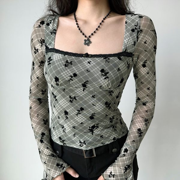 Vintage Velour Plaid Square Neck Long Sleeve T-shirt for Women - Slim Fit Short Crop Top, Y2K Inspired American Style