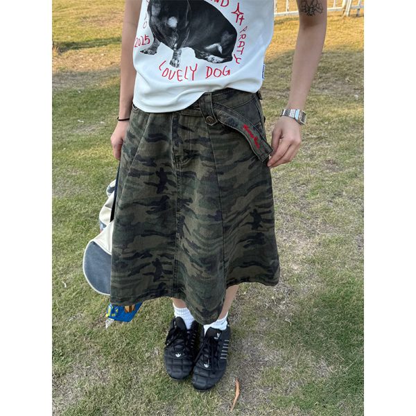 Vintage Washed Camouflage Skirt for Women - Casual American-Style Summer Workwear, Niche Design, Trendy 90s Fashion