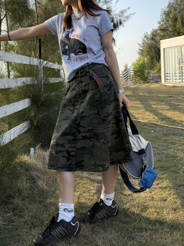 Vintage Washed Camouflage Skirt for Women - Casual American-Style Summer Workwear, Niche Design, Trendy 90s Fashion