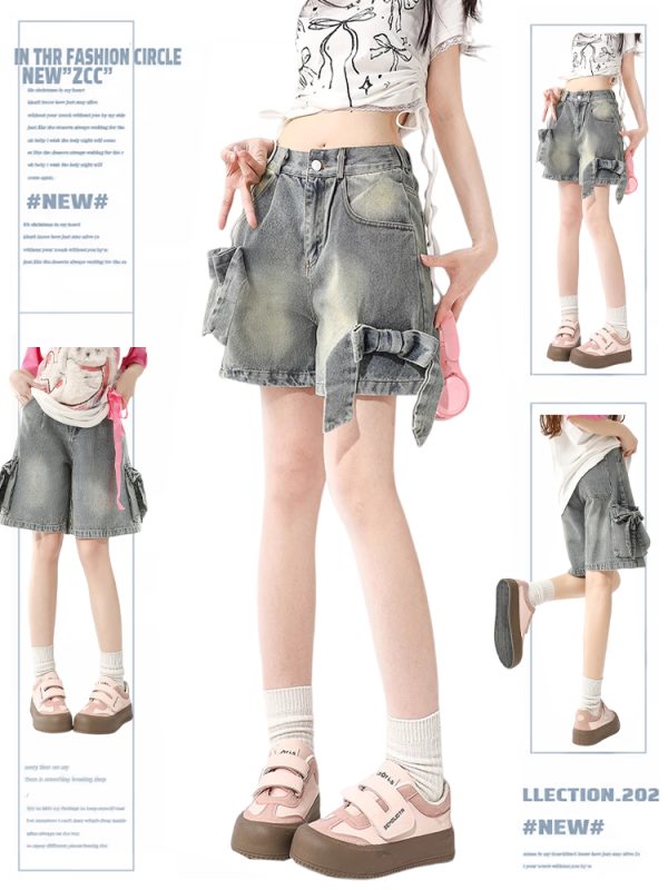 Vintage Washed Denim Bowknot Shorts for Women - A-Line Wide-Leg Loose Mid-Length Pants for Autumn and Winter Fashion