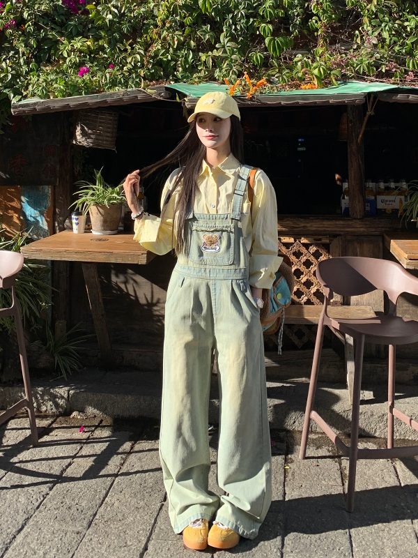 Vintage Washed Denim Overalls for Women - Casual Wide-Leg Jumpsuit for Spring/Summer 2025, Y2K Inspired Fashion