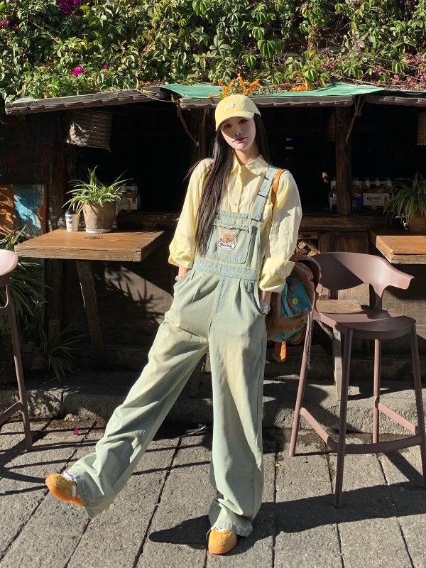 Vintage Washed Denim Overalls for Women - Casual Wide-Leg Jumpsuit for Spring/Summer 2025, Y2K Inspired Fashion