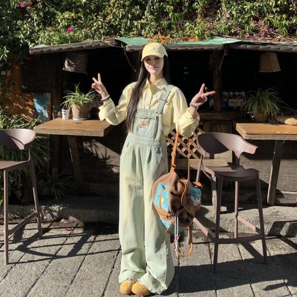 Vintage Washed Denim Overalls for Women - Casual Wide-Leg Jumpsuit for Spring/Summer 2025, Y2K Inspired Fashion