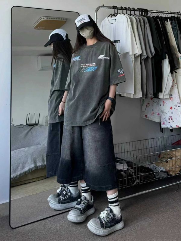 Vintage Washed Distressed Racing Style Cracked Letter Print Loose Heavyweight Short-Sleeve T-Shirt for Men and Women