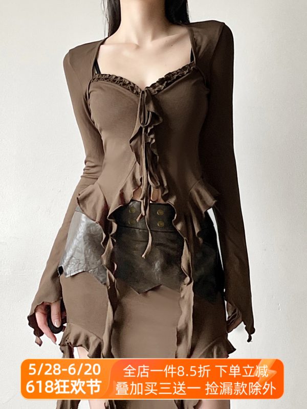 Vintage Wasteland Ruffled Edge Flowing Ribbon Cardigan - Women's Retro Bell Sleeve Shirt with Niche Design