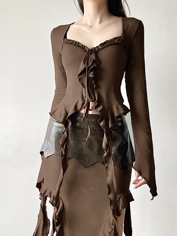 Vintage Wasteland Ruffled Edge Flowing Ribbon Cardigan - Women's Retro Bell Sleeve Shirt with Niche Design