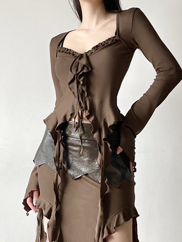 Vintage Wasteland Ruffled Edge Flowing Ribbon Cardigan - Women's Retro Bell Sleeve Shirt with Niche Design