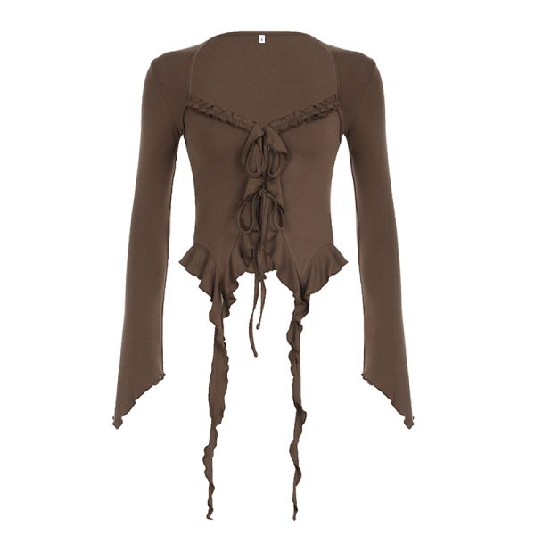 Vintage Wasteland Ruffled Edge Flowing Ribbon Cardigan - Women's Retro Bell Sleeve Shirt with Niche Design