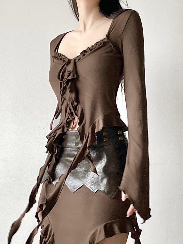 Vintage Wasteland Ruffled Edge Flowing Ribbon Cardigan - Women's Retro Bell Sleeve Shirt with Niche Design