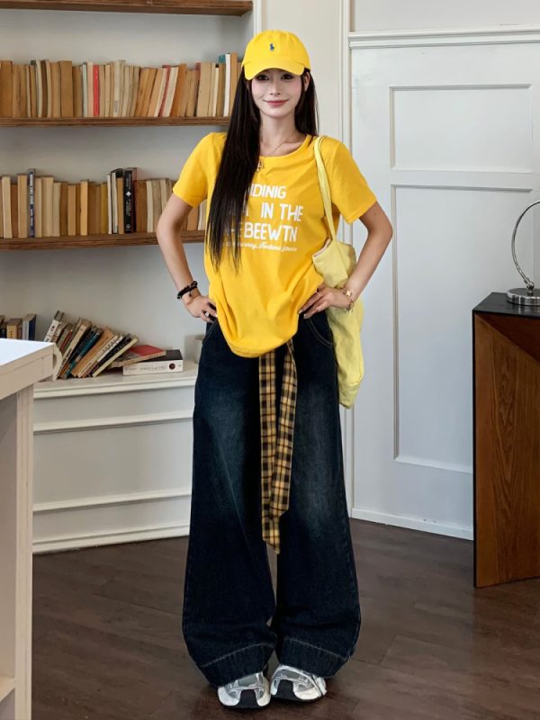 Vintage Wide-Leg Floor-Length Jeans for Women - Yellow Waistband, Blue Gray Straight-Leg Design, Summer Fashion