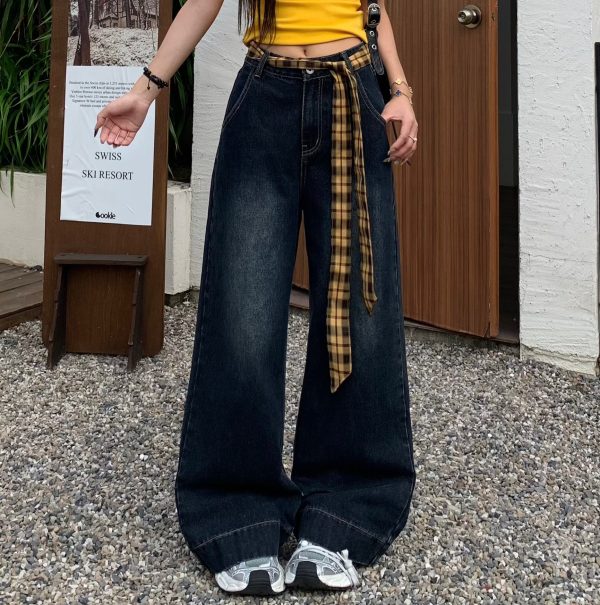 Vintage Wide-Leg Floor-Length Jeans for Women - Yellow Waistband, Blue Gray Straight-Leg Design, Summer Fashion