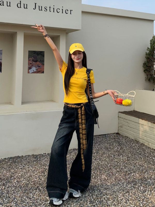 Vintage Wide-Leg Floor-Length Jeans for Women - Yellow Waistband, Blue Gray Straight-Leg Design, Summer Fashion