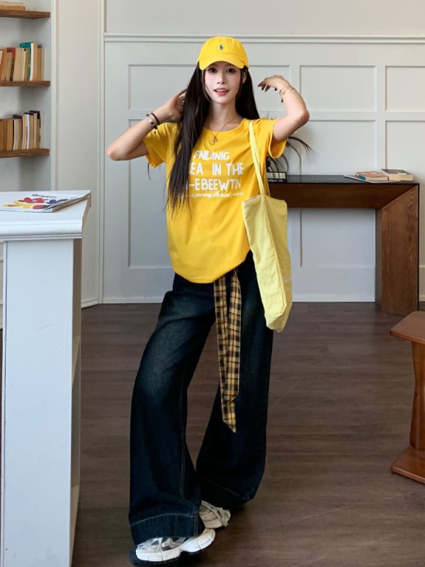 Vintage Wide-Leg Floor-Length Jeans for Women - Yellow Waistband, Blue Gray Straight-Leg Design, Summer Fashion