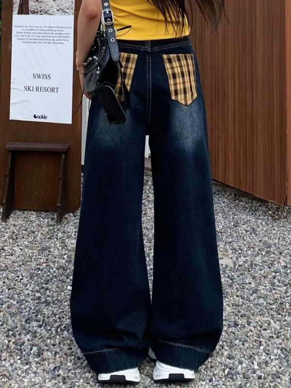 Vintage Wide-Leg Floor-Length Jeans for Women - Yellow Waistband, Blue Gray Straight-Leg Design, Summer Fashion