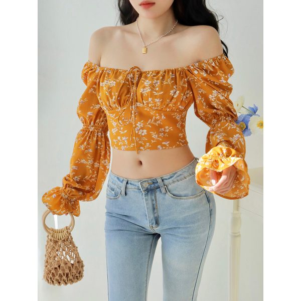 Vintage Yellow Floral Long Sleeve Shirt for Women - Loose Fit Square Neck Top - French Style Outerwear - Perfect for 90s and Y2K Fashion