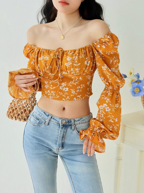 Vintage Yellow Floral Long Sleeve Shirt for Women - Loose Fit Square Neck Top - French Style Outerwear - Perfect for 90s and Y2K Fashion