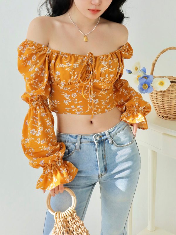 Vintage Yellow Floral Long Sleeve Shirt for Women - Loose Fit Square Neck Top - French Style Outerwear - Perfect for 90s and Y2K Fashion