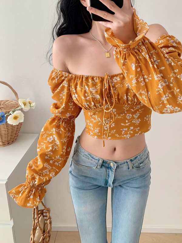 Vintage Yellow Floral Long Sleeve Shirt for Women - Loose Fit Square Neck Top - French Style Outerwear - Perfect for 90s and Y2K Fashion