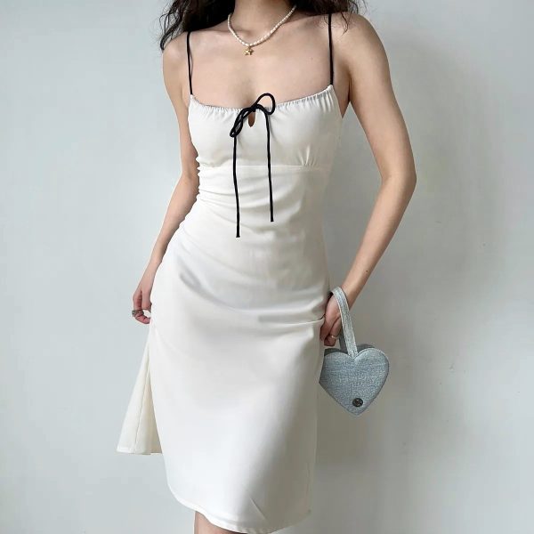 Waist-Defining A-Line Mid-Length Bodycon Slip Dress for Women - European and American Style White Strap Dress