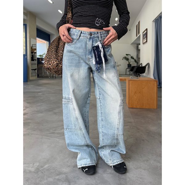 Washed Straight-Leg Wide-Leg Cargo Jeans for Men and Women, Vintage Casual Design with Multiple Pockets, Y2K Style Long Pants