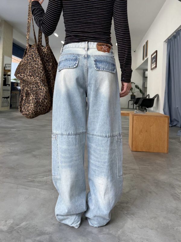 Washed Straight-Leg Wide-Leg Cargo Jeans for Men and Women, Vintage Casual Design with Multiple Pockets, Y2K Style Long Pants