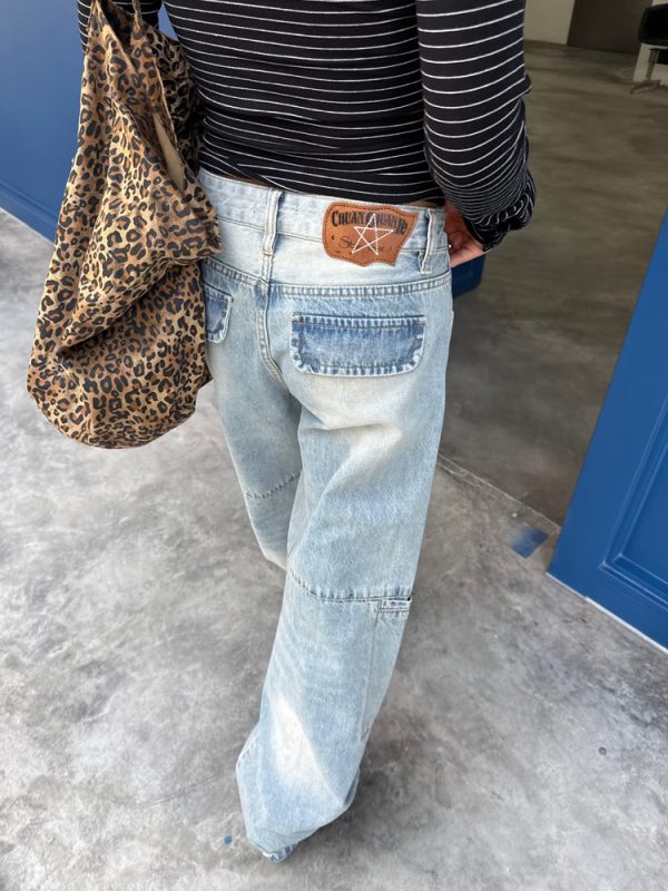 Washed Straight-Leg Wide-Leg Cargo Jeans for Men and Women, Vintage Casual Design with Multiple Pockets, Y2K Style Long Pants