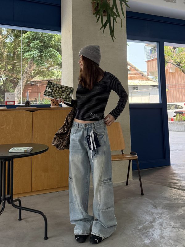 Washed Straight-Leg Wide-Leg Cargo Jeans for Men and Women, Vintage Casual Design with Multiple Pockets, Y2K Style Long Pants