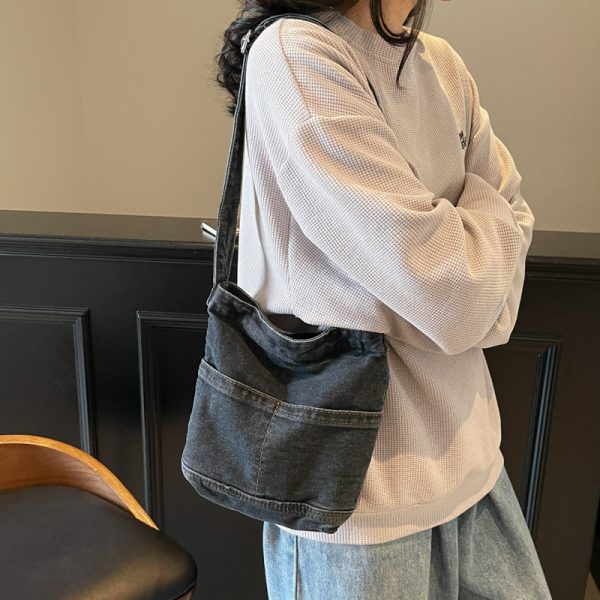 Water-Washed Blue Denim Crossbody Bucket Bag for Women - Casual 2025 Trendy Phone Bag