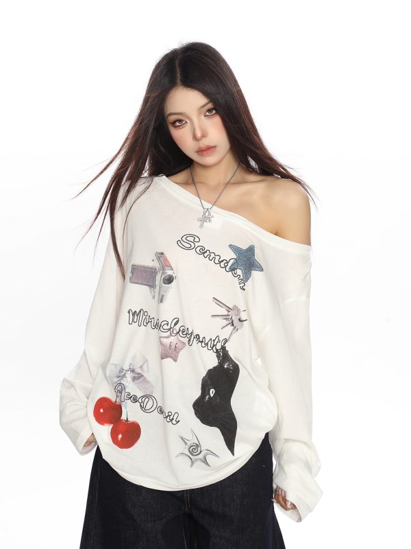 White Asymmetrical Shoulder Sun Protection Cover-Up T-shirt for Women, Loose Fit Long Sleeve Top, Spring American Style, Unique Lazy Fashion