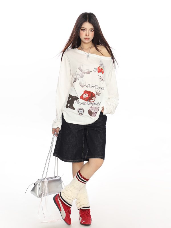 White Asymmetrical Shoulder Sun Protection Cover-Up T-shirt for Women, Loose Fit Long Sleeve Top, Spring American Style, Unique Lazy Fashion