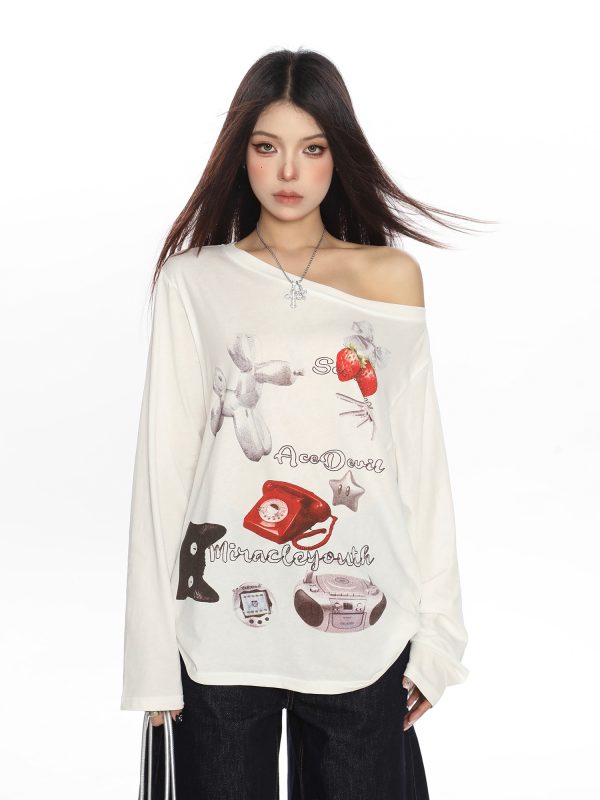 White Asymmetrical Shoulder Sun Protection Cover-Up T-shirt for Women, Loose Fit Long Sleeve Top, Spring American Style, Unique Lazy Fashion