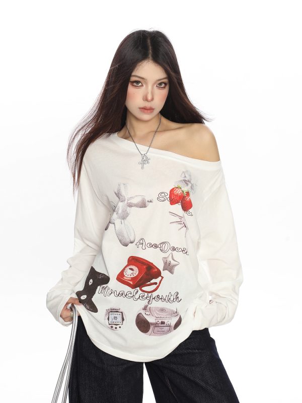 White Asymmetrical Shoulder Sun Protection Cover-Up T-shirt for Women, Loose Fit Long Sleeve Top, Spring American Style, Unique Lazy Fashion