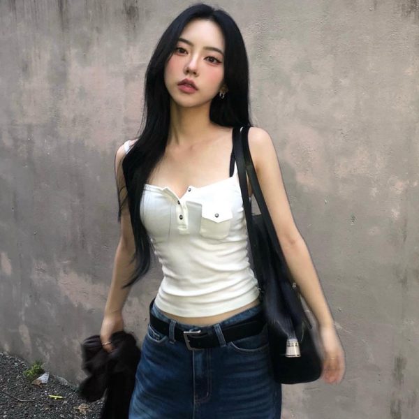 White Basic V-Neck Buttoned Strap Tank Top for Women, Slim-Fitting Waist-Exposing Design with Pocket, Casual Y2K Style