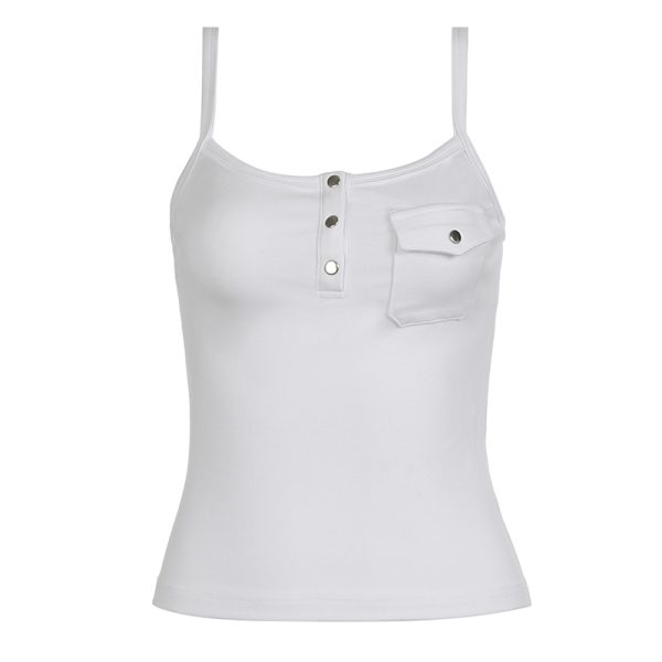White Basic V-Neck Buttoned Strap Tank Top for Women, Slim-Fitting Waist-Exposing Design with Pocket, Casual Y2K Style