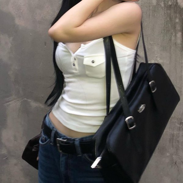 White Basic V-Neck Buttoned Strap Tank Top for Women, Slim-Fitting Waist-Exposing Design with Pocket, Casual Y2K Style