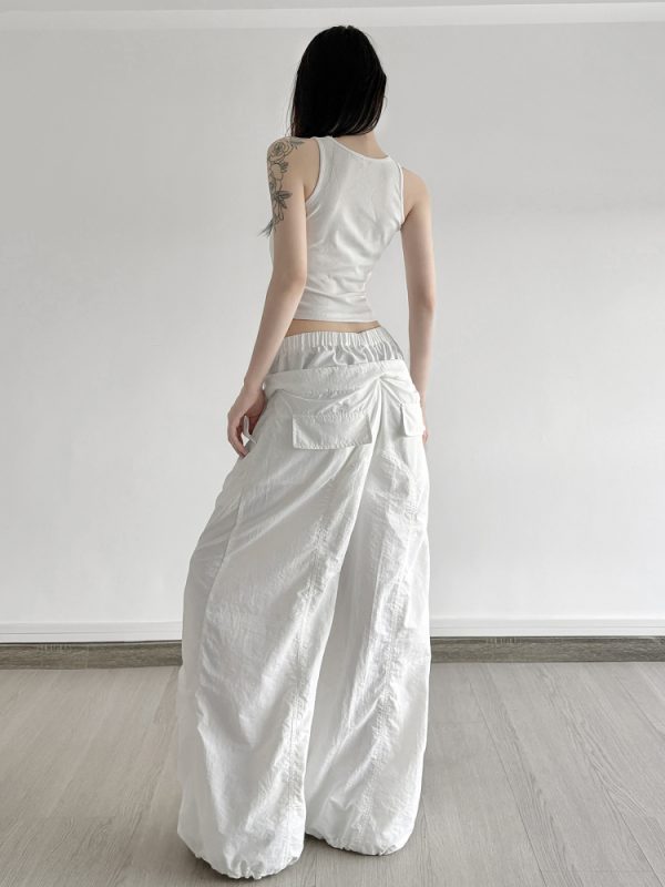 White Double Waist Pleated Casual Pants for Women - Low Waist Loose Wide Leg Dance Trousers, 90s Inspired Street Style