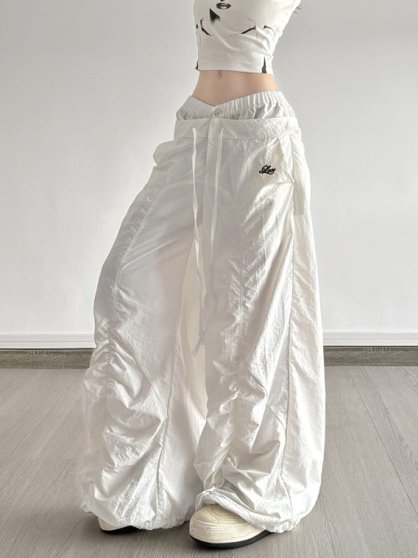 White Double Waist Pleated Casual Pants for Women - Low Waist Loose Wide Leg Dance Trousers, 90s Inspired Street Style