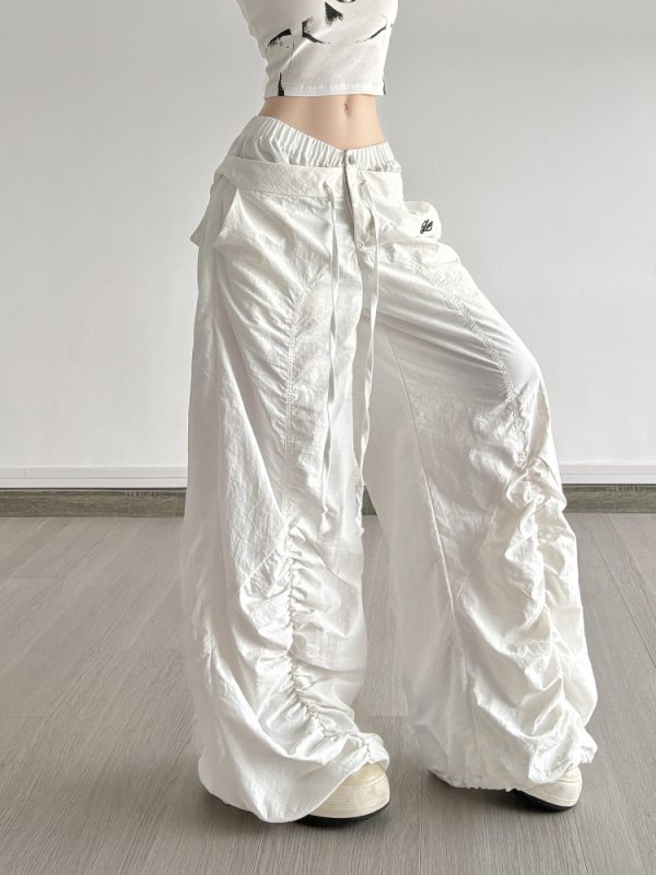 White Double Waist Pleated Casual Pants for Women - Low Waist Loose Wide Leg Dance Trousers, 90s Inspired Street Style
