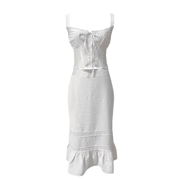 White French Lace Camisole and A-Line Fishtail Skirt Set - Elegant Lace-Up Design, Perfect for 90s Inspired and Y2K Fashion