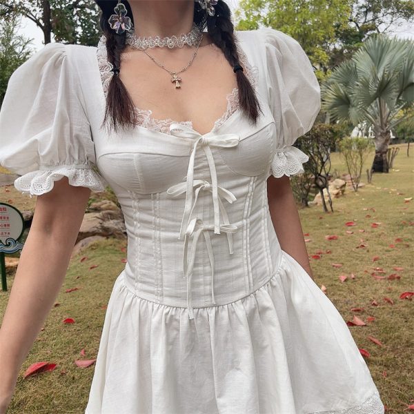 White Jasmine Handmade Spring Summer Bubble Sleeve Lace Trim Bow Vacation Dress - French Court Style for Effortless Elegance