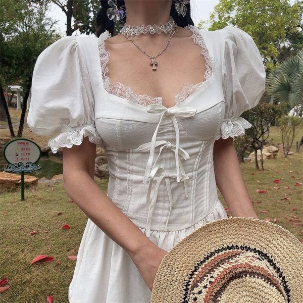 White Jasmine Handmade Spring Summer Bubble Sleeve Lace Trim Bow Vacation Dress - French Court Style for Effortless Elegance