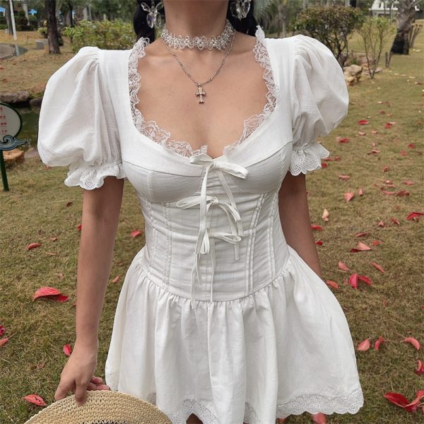 White Jasmine Handmade Spring Summer Bubble Sleeve Lace Trim Bow Vacation Dress - French Court Style for Effortless Elegance